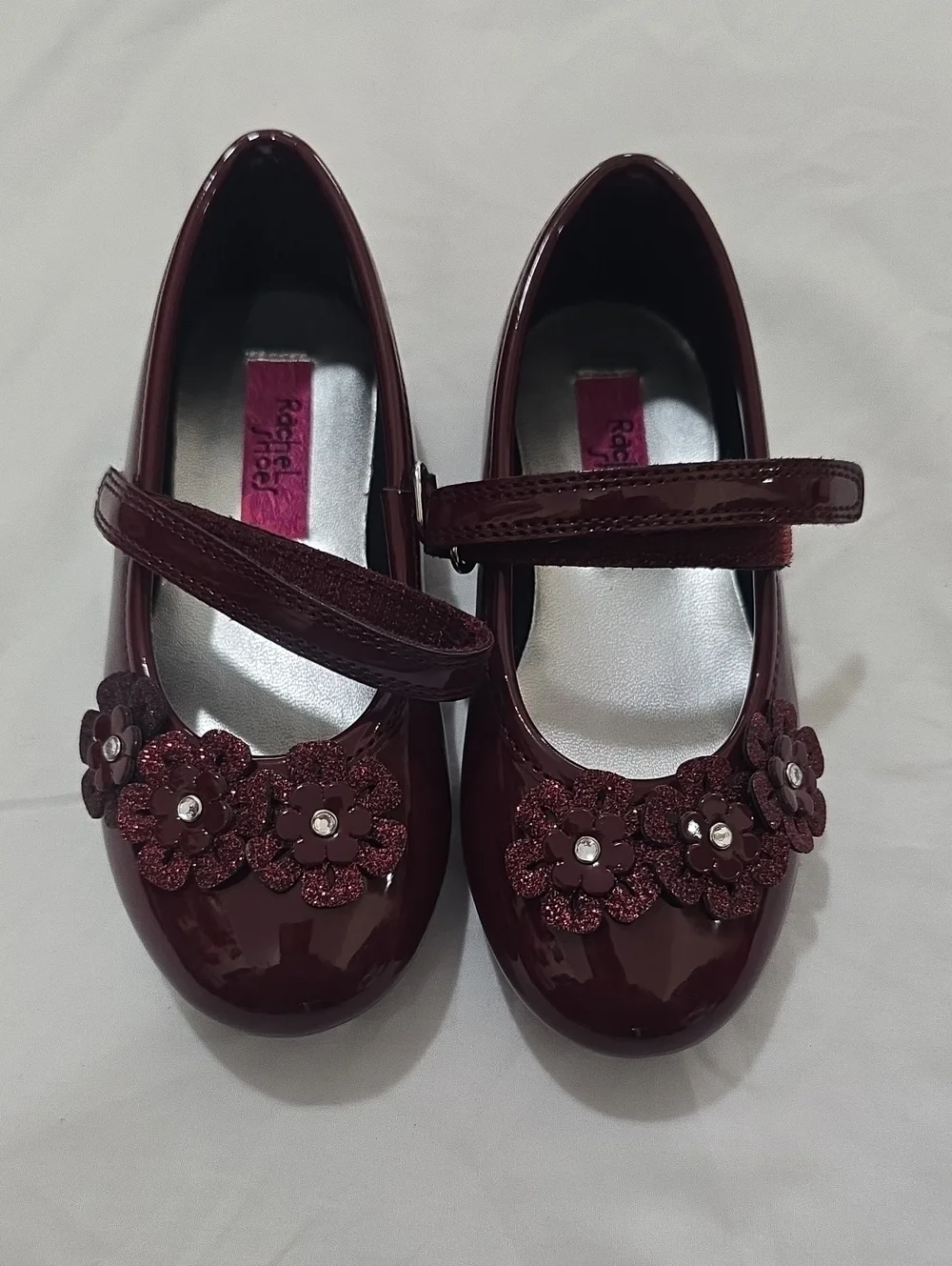 Girls Patent Mary Jane Dress Shoes with Glitter Flower Accent - Burgundy